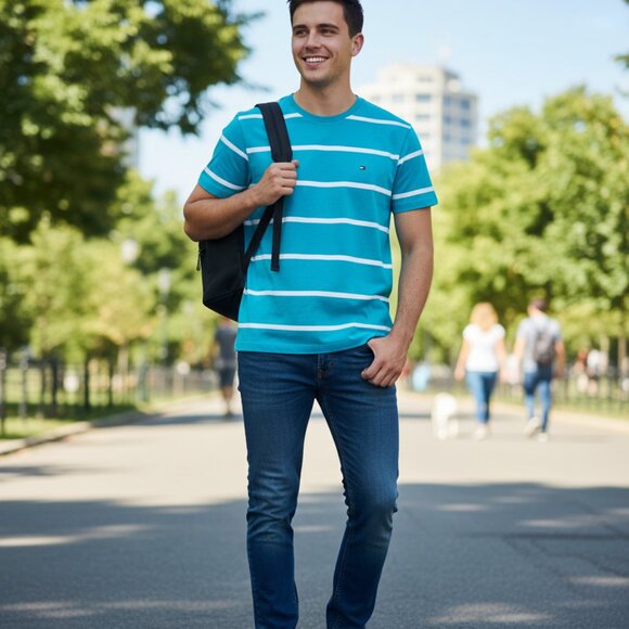 Tommy Hilfiger Sz L Turquoise Blue T-Shirt w/White Stripes L/L Round Neckline - Picture 7 of 7